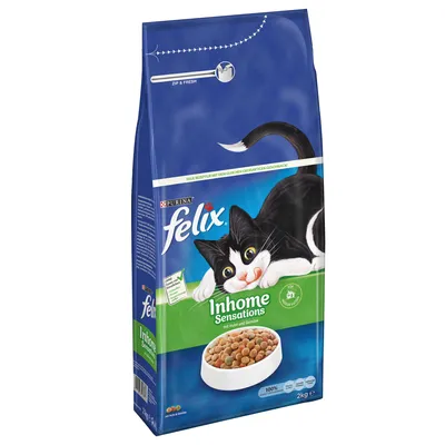 Bag labelled Felix Inhome Sensations with a bowl of dry food and text indicating chicken and vegetable flavour, 2kg weight, and zip and fresh feature.