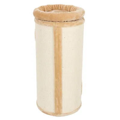 Kratzsäule mit beigem Plüschrand und Sisal-Oberfläche, zylindrische Form.