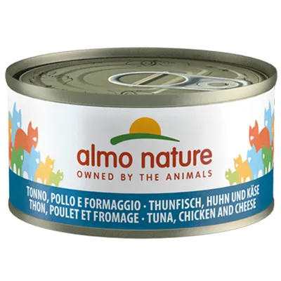 Almo Nature kattenvoerblik, tonijn, kip en kaas. Opschrift in meerdere talen: Tonno, Pollo e Formaggio; Thon, Poulet et Fromage; Tuna, Chicken and Cheese.