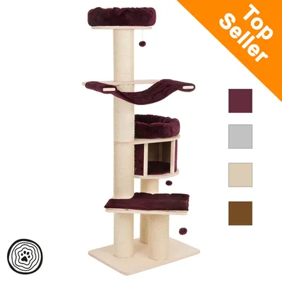 Ansamblu de joacă pentru pisici cu mai multe platforme, coșuri și stâlpi din sisal, tapițerie vișinie. Inscripție vizibilă: Top Seller. Patru opțiuni de culoare afișate lateral.