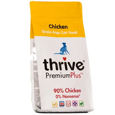 Thrive PremiumPlus Katzenfutter, Huhn, getreidefrei. 90% Huhn, 0% Nonsense. Symbole: Nährstoffreich, hergestellt in Grossbritannien, Omega-3 & -6, natürliche Zutaten.