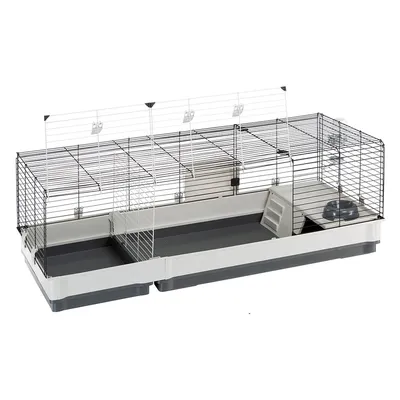Cage pour rongeur en plastique et métal, grande taille, avec rampe, plateforme et gamelle visibles à l’intérieur. Ouverture sur le dessus par grilles métalliques.