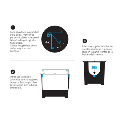 Instrucciones ilustradas para colocar la bolsa en el arenero: insertar ganchos, fijar los agujeros de la bolsa y deslizar el clip con logo en la parte frontal del arenero.