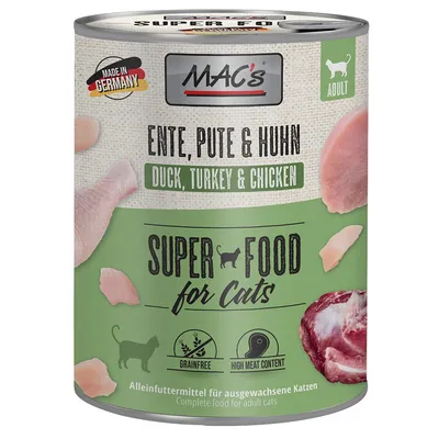 MAC's Super Food for Cats, anatra, tacchino e pollo. Made in Germany, adulto, senza cereali, alto contenuto di carne. Alimento completo per gatti adulti.
