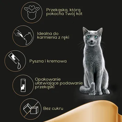 Przekąska, którą pokocha Twój kot. Idealna do karmienia z ręki. Pyszna i kremowa. Opakowanie ułatwiające podawanie przekąski. Bez cukru.