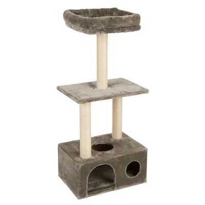Arbre à chat en tissu gris avec niche, deux plateformes et poteaux recouverts de sisal clair. Trois ouvertures visibles sur la base.