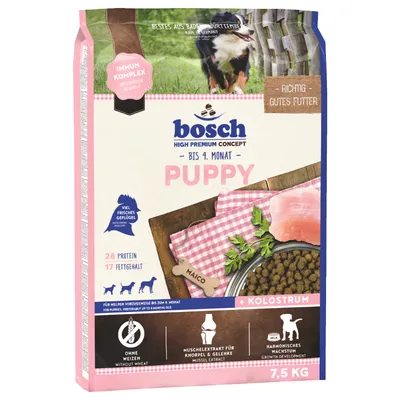 Bosch Puppy High Premium Concept hasta 4 meses, 7,5 kg. Mucho pollo fresco, sin trigo, calostro para un crecimiento armonioso, extracto de mejillón para las articulaciones. Made in Germany.