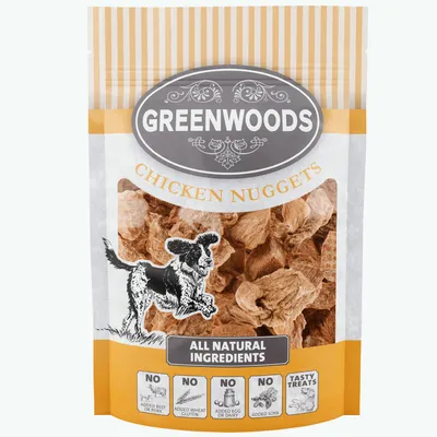 GREENWOODS Chicken Nuggets, All Natural Ingredients. Ingen nöt- eller fläskkött, inget vetegluten, inga ägg- eller mjölkprodukter, ingen soja. Tasty Treats.