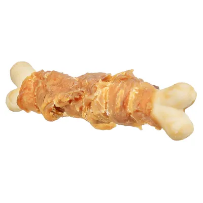 Rágócsont csirkemellel bevonva, alkalmas snacknek vagy jutalomnak háziállatok számára.