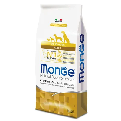 Monge Natural Superpremium Adult All Breeds, pollo, arroz y patatas. Hecho en Italia. Primer ingrediente: pollo nº 1. Línea especial para perros. Envase de 12 kg.