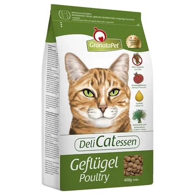 Упаковка корма для кошек GranataPet DeliCatessen Geflügel Poultry, 400 г. Видны изображения: гранат, лососевое масло, кошачья трава. Текст на немецком и английском языках.