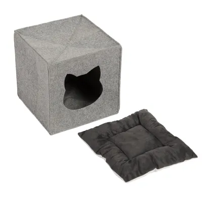 Grey felt box with cat-shaped entrance and removable, padded cushion in dark grey.
