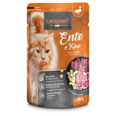 Leonardo Cat Food, kachna + sýr, vyrobeno v Německu, s lososovým olejem, receptura bez obilovin, bez přidaného cukru, super prémiová kvalita, 85g.
