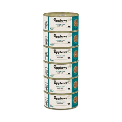 Stack of six Applaws Ocean Fish in Broth 70g tins, Certified B, 100% natural, with cat icon visible on each label.