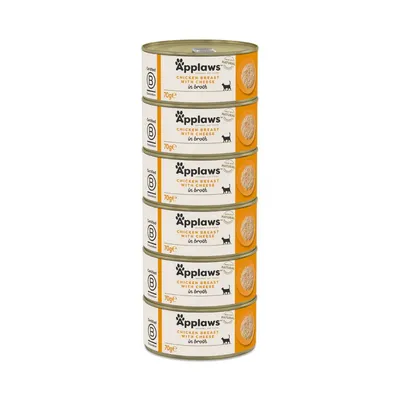 Stack of 6 Applaws Chicken Breast with Cheese in Broth tins, 70g each. Certified B, natural ingredients text visible on packaging. Cat icon shown.