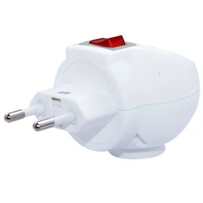 Wit elektrisch apparaat met twee ronde stekkerpinnen en een rode aan/uit-schakelaar bovenop. Materiaal: kunststof. Merk of model niet zichtbaar.