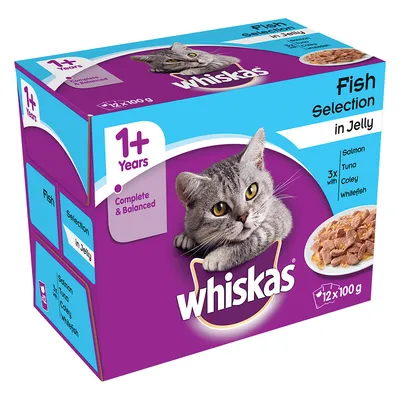 Whiskas Fish Selection in Jelly, 1+ Years, Complete & Balanced, 12×100 g. Lazac, tonhal, szürke tőkehal, fehér hal. Lila doboz macskával és tál étellel.
