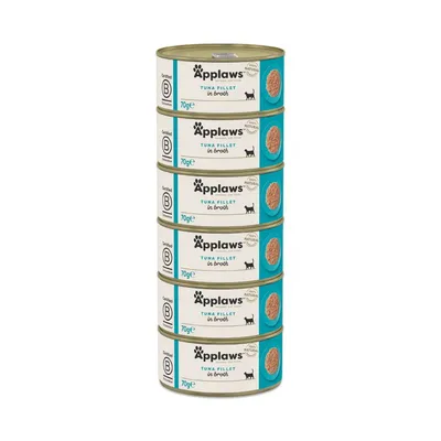 Stack of 6 Applaws Tuna Fillet in Broth tins, 70g each. Labels show 'Certified B', '100% natural ingredients' and cat icon. Blue and cream packaging with product image.