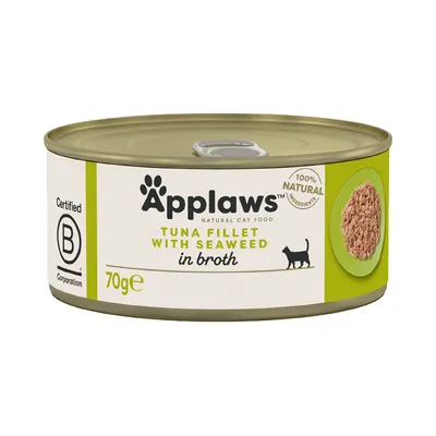 Applaws Natural Cat Food, tonfiskfilé med alger i buljong, 70g burk, 100% naturliga ingredienser, Certified B Corporation.
