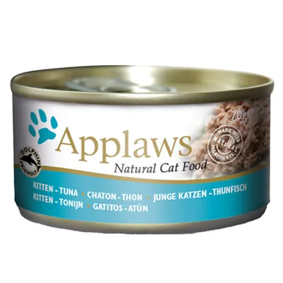 Boîte Applaws Natural Cat Food 70 g, chaton-thon, texte multilingue, mention Dolphin Friendly et Made with Natural Ingredients visibles sur l’étiquette.