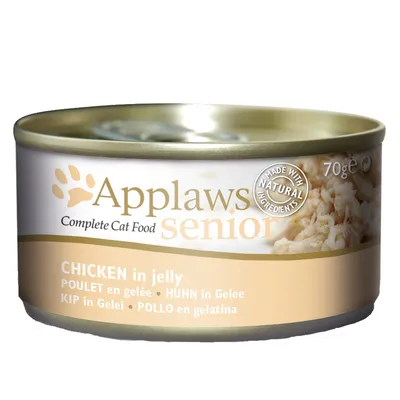 Applaws senior Complete Cat Food, pollo in gelatina, 70 g. Testo visibile: Made with natural ingredients, POLLO en gelatina, CHICKEN in jelly.