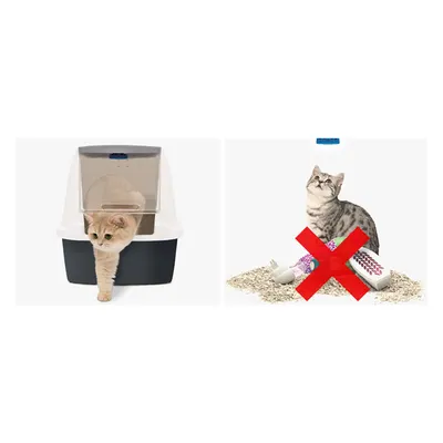 Stânga: pisică iese din toaletă pentru pisici închisă. Dreapta: pisică stă pe nisip pentru pisici cu X roșu peste accesorii de curățare.