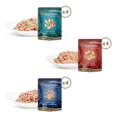 Applaws Natural Cat Food, 100 % luonnollinen. Lajit: tonnikalafilee anjoviksella, tonnikalafilee katkaravulla, tonnikalafilee meriahvenella. Pakkauskoko: 70 g, 4 kpl.