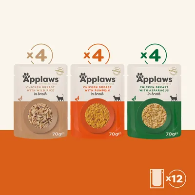 Applaws Natural Cat Food, 12 Beutel à 70g: 4x Hühnerbrust mit Wildreis, 4x Hühnerbrust mit Kürbis, 4x Hühnerbrust mit Spargel. 100% natürlich.