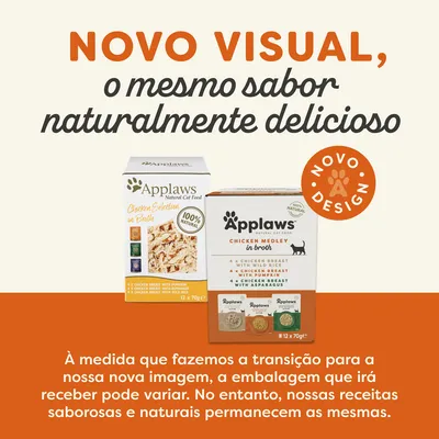 Novo visual, o mesmo sabor naturalmente delicioso. Applaws Natural Cat Food. Novo design. Embalagem pode variar durante a transição; receitas mantêm-se saborosas e naturais.