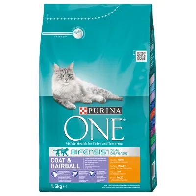 PURINA ONE BIFENSIS COAT & HAIRBALL kattefoder, 1,5 kg pose. Tekst: Dual Defense, Rich in Chicken and Whole Grains, Visible Health for Today and Tomorrow.