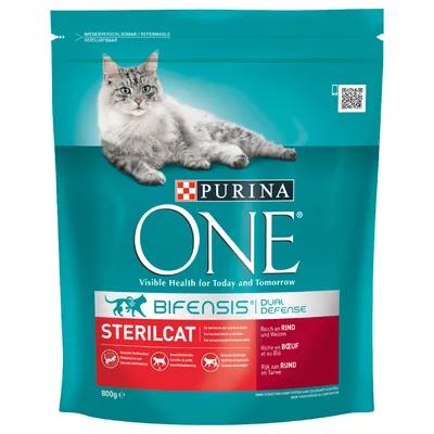 Purina ONE Bifensis Dual Defense Sterilcat torrfoder för katt, 800 g. Text: Visible Health for Today and Tomorrow, rik på RIND und Weizen, STERILCAT. Bild på katt på förpackningen.