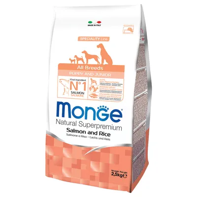 Monge Natural Superpremium aliment sec pour chiots et juniors, toutes races, au saumon et riz. Fabriqué en Italie, poids : 2,5 kg.