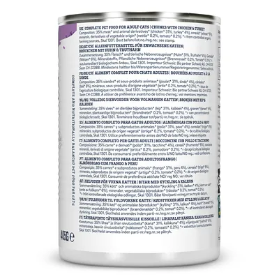 Lattina di alimento completo per gatti adulti, bocconcini con pollo e tacchino, 405 g. Etichetta con ingredienti in più lingue, tra cui: carne 35 %, pollo 31 %, tacchino 4 %.
