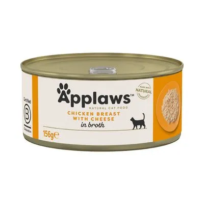 Applaws Natural Cat Food, Chicken Breast with Cheese in Broth, 156g. Bevat Certified B Corporation keurmerk en afbeelding van het product op de verpakking.