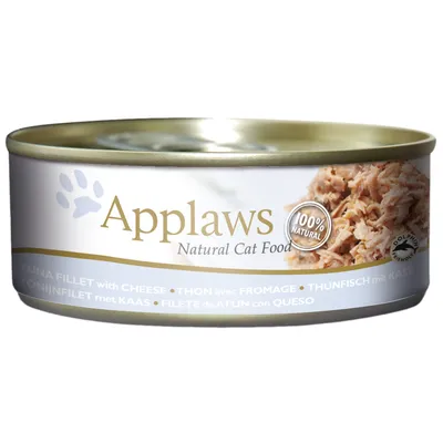 Scatoletta Applaws Natural Cat Food, filetto di tonno con formaggio, 100% natural, Dolphin Friendly visibile sull'etichetta.