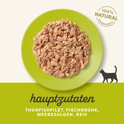 Hauptzutaten: Thunfischfilet, Fischbrühe, Meeresalgen, Reis. 100% natürliche Zutaten. Abgebildet auf grünem Teller mit Katzen-Symbol.