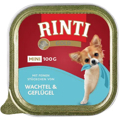 Rinti Gold MINI 100g, Wachtel & Geflügel. Опаковка с изображение на малко куче и текст на немски език: Mit feinen Stückchen von Wachtel & Geflügel.