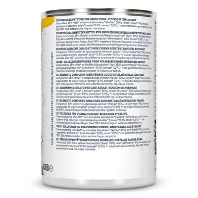 Etichetta di una lattina da 405 g con informazioni in più lingue: alimento completo per cani adulti, bocconcini con pollo, composizione 35% carni e derivati animali (pollo 35%), cereali, minerali.