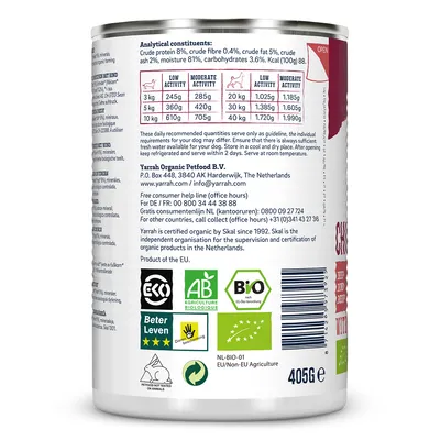 Tabella dosi giornaliere per cani da 3 a 40 kg, analisi nutrizionale: proteine 8 %, fibre 0,4 %, grassi 5 %, ceneri 2 %, umidità 81 %, carboidrati 3,6 %. Certificazioni bio visibili.