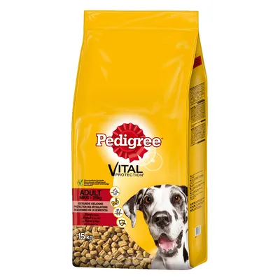 Sac Pedigree Vital Protection Adult Maxi >25kg, bœuf et riz, 15 kg. Texte visible : protection des articulations, croquettes pour chien, image d’un grand chien noir et blanc.