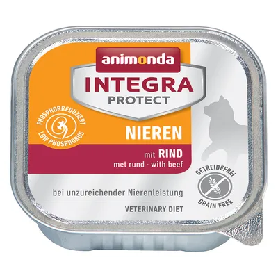 Animonda Integra Protect Nieren с говеждо, ниско съдържание на фосфор, без зърнени храни. Veterinary Diet. Видим текст и силует на котка на опаковката.