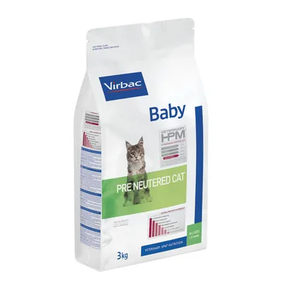Virbac Baby Pre Neutered Cat macskaeledel, 3 kg-os csomagolás, VETERINARY HPM Nutrition felirattal, cicával a zacskón