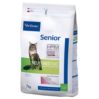 Opakowanie Virbac Senior Veterinary HPM Neutered Cat, 7 kg. Widoczny kot, tekst: tendency to weight gain, tabela składu: białko 35 %, tłuszcz 9 %, wykres profilu zapobiegawczego.