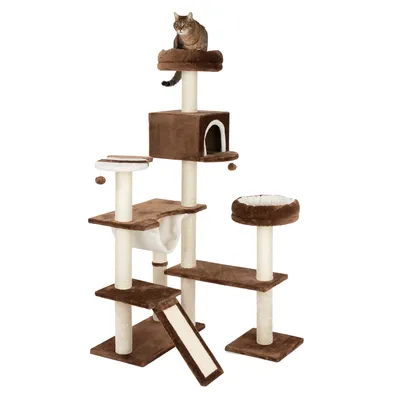 Brown cat tree with multiple levels, cave, hammock and resting areas. Cat sitting on the top platform.