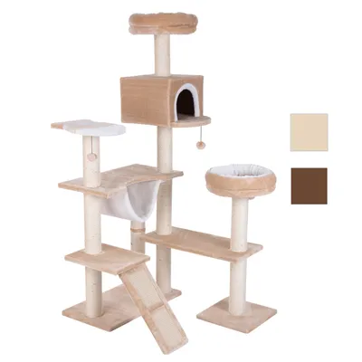 Krabpaal met meerdere plateaus, een huisje, hangmat, ligmand en sisal krabvlakken. Verkrijgbaar in beige en bruin, zichtbaar op kleurstalen rechts.