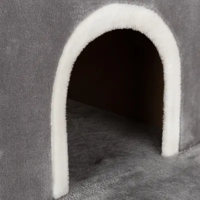 Graue Höhle mit weissem Plüschrand, geeignet als Rückzugsort für Haustiere.