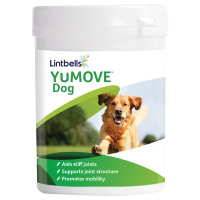 Lintbells YUMOVE Dog -purkki. Teksti: Aids stiff joints, Supports joint structure, Promotes mobility.