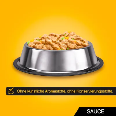 Posuda s komadićima hrane u umaku, natpis: Ohne künstliche Aromastoffe, ohne Konservierungsstoffe. Tekst na dnu: SAUCE.
