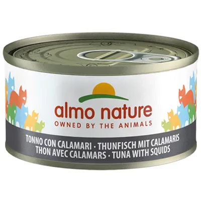 almo nature OWNED BY THE ANIMALS, tonijn met inktvis. Tekst op blik: TONNO CON CALAMARI, THUNFISCH MIT CALAMARIS, THON AVEC CALAMARS, TUNA WITH SQUIDS.