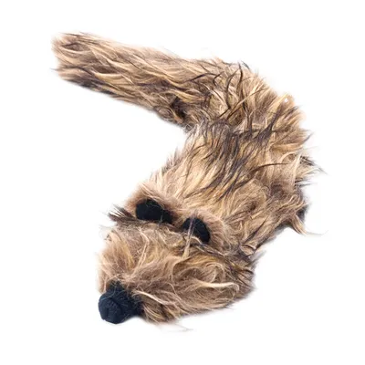 Brown, plush toy in the shape of an animal with black nose and ears.